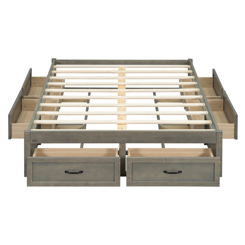 Lit plateforme double avec 6 tiroirs de rangement, gris antique, lit plateforme avec rangement peu encombrant, Gris, Double