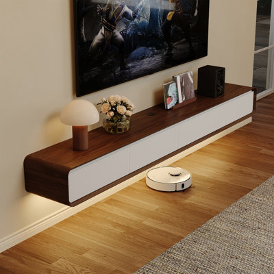 Meuble télé flottant, centre de divertissement avec lumière DEL, bois massif, entièrement assemblé