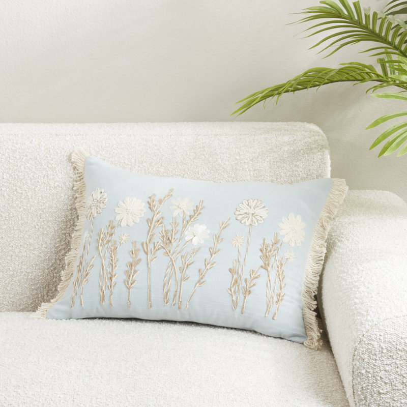 Delicate Embroidered Floral Pillow Cover, Polyester, Blue