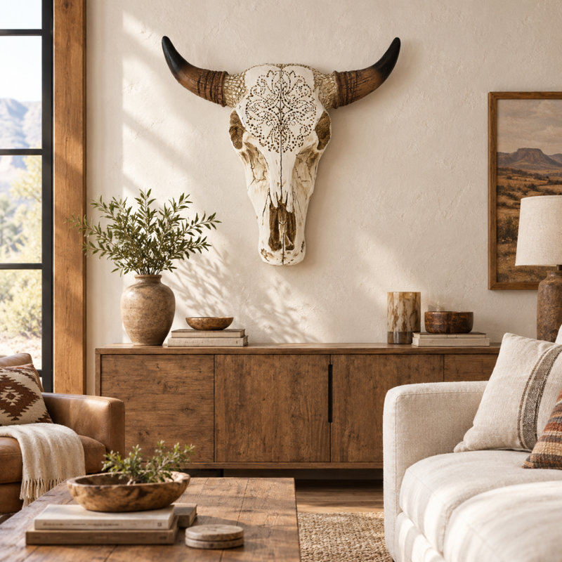 Décoration murale crâne de vache beige en polyrésine avec motif floral - style rustique occidental