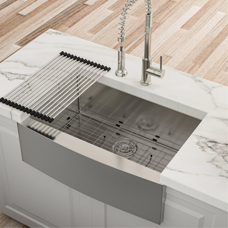 Évier de cuisine à tablier frontal en acier inoxydable T304 de calibre 16 de 24 po de profondeur, guide d'eau en forme de X pour une circulation fluide, coin arrondi R10, revêtement de condensation, coussin de 3 m, ensemble avec ensemble de drain et vaisselle