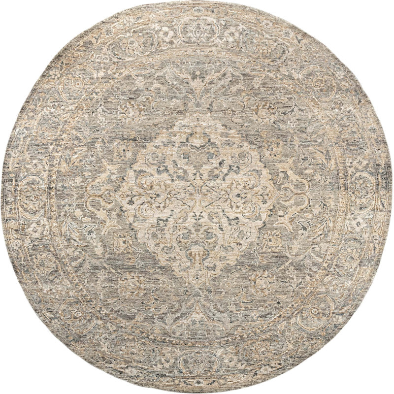 Hand Knotted Oriental Area Rug in Gold/Gray/Beige, Round 6'
