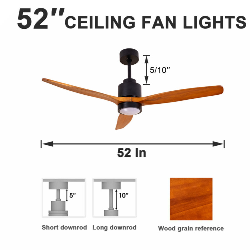 Ventilateurs de plafond en bois silencieux de 52 po avec lumières et ventilateur à distance résistant à l'humidité pour les patios, ventilateur de plafond à 6 vitesses pour la cuisine de la chambre à coucher, 3 lumières de couleur, fonction de min