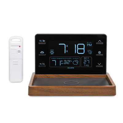Valet météo AcuRite avec tapis de recharge sans fil certifié Qi, écran ACL à atténuation automatique, réveil-matin, prévision hypocalocale, mesures de la température et de l'humidité extérieures, lecture de la température intérieure (02047)