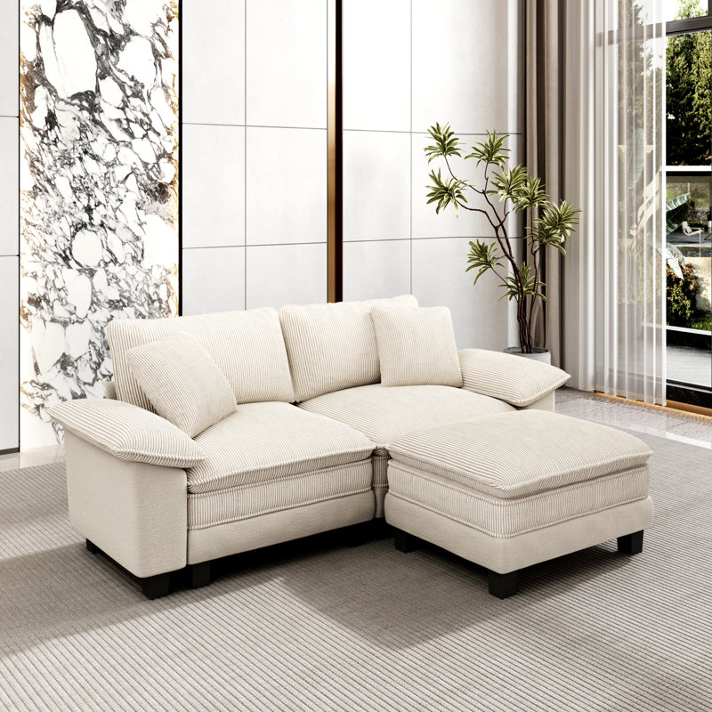 88" Modular Sectional Loveseat Couches for Living Room, 3-Seater Deep Seat Sofa with Ottoman, Beige Chenille/Corduroy