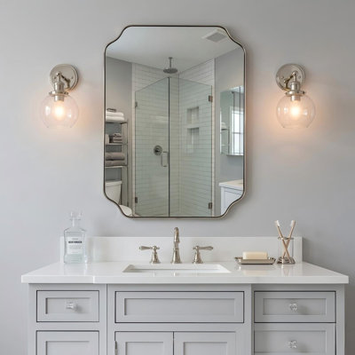 Rectangular Bathroom Vanity Mirror with Scalloped Corners – Stainless Steel Frame