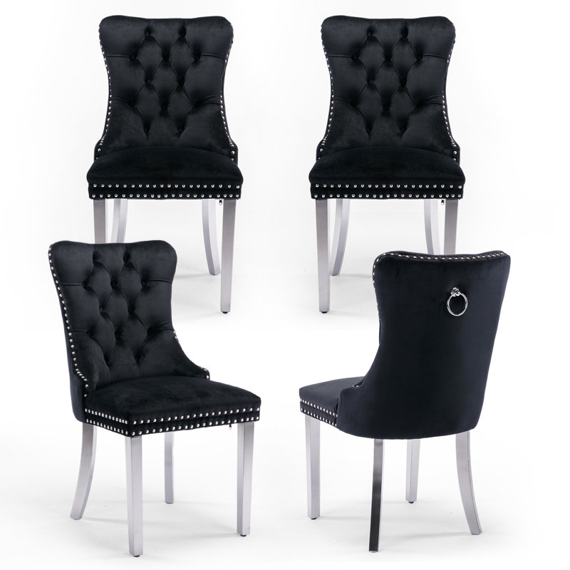 Ensemble de 4 chaises de salle à manger rembourrées en velours avec pieds argentés, Noir, noir, noir, noir, Argent argent