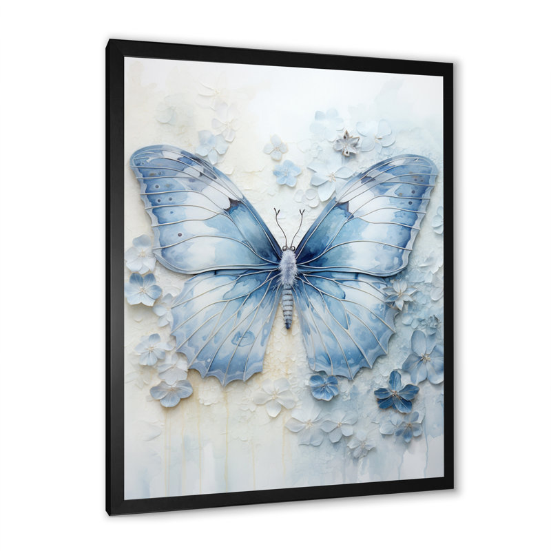«Blue Butterfly Whispering Wings I», art mural papillon, Cadre simple noir, H 32 po x l 16 po x P 1 po