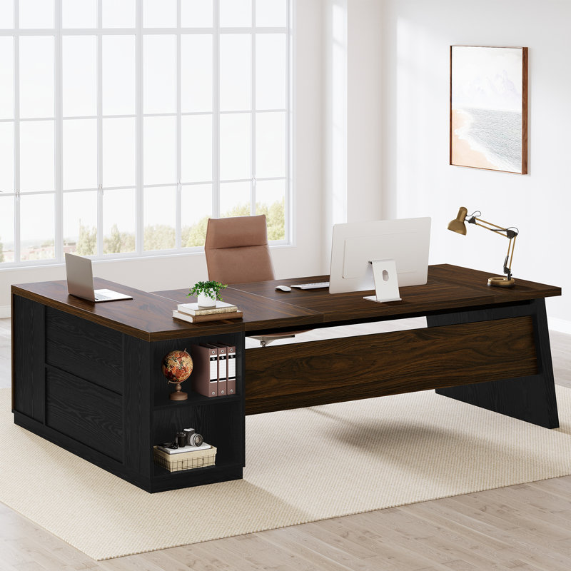 Bureau de direction en L 78 po en bois manufacturé et en métal, Brun foncé / noir