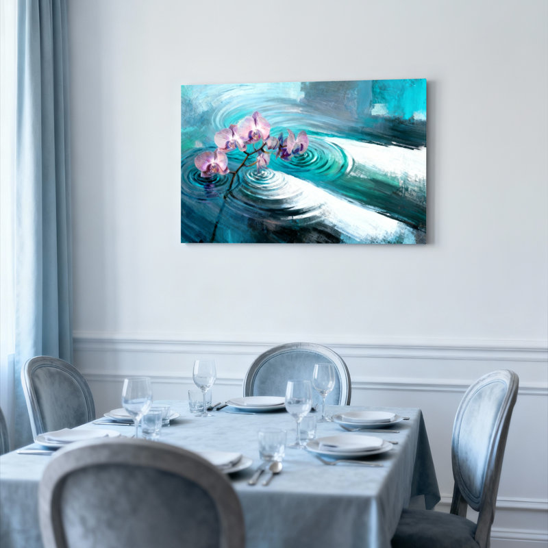 Tableau abstrait sur toile tendue représentant une orchidée et des ondulations d'eau, idéal pour décorer un salon, une chambre ou un bureau.