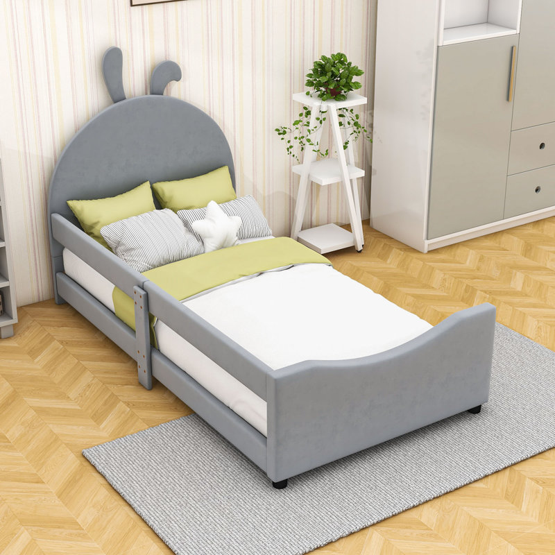 Lit simple tapissier avec tête de lit à oreilles de lapin et lattes, Gris