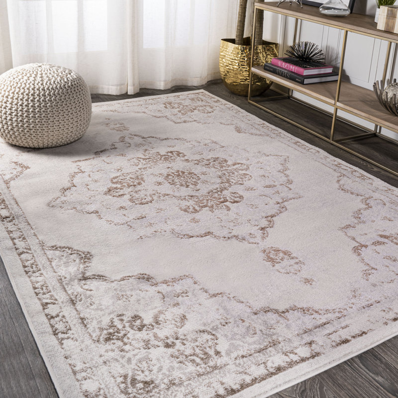 Pruden Ornate Medallion Modern Cream/Red Rug, Rectangle 7'9" x 10'