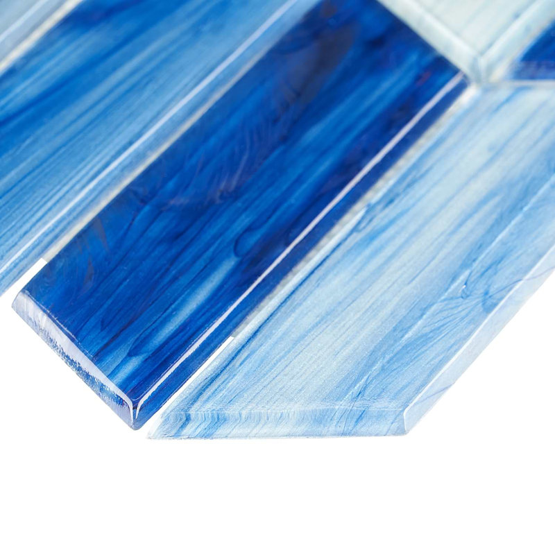 Maya 2x7 Chevron Polished Glass Mosaic Tile, Chevron Azur