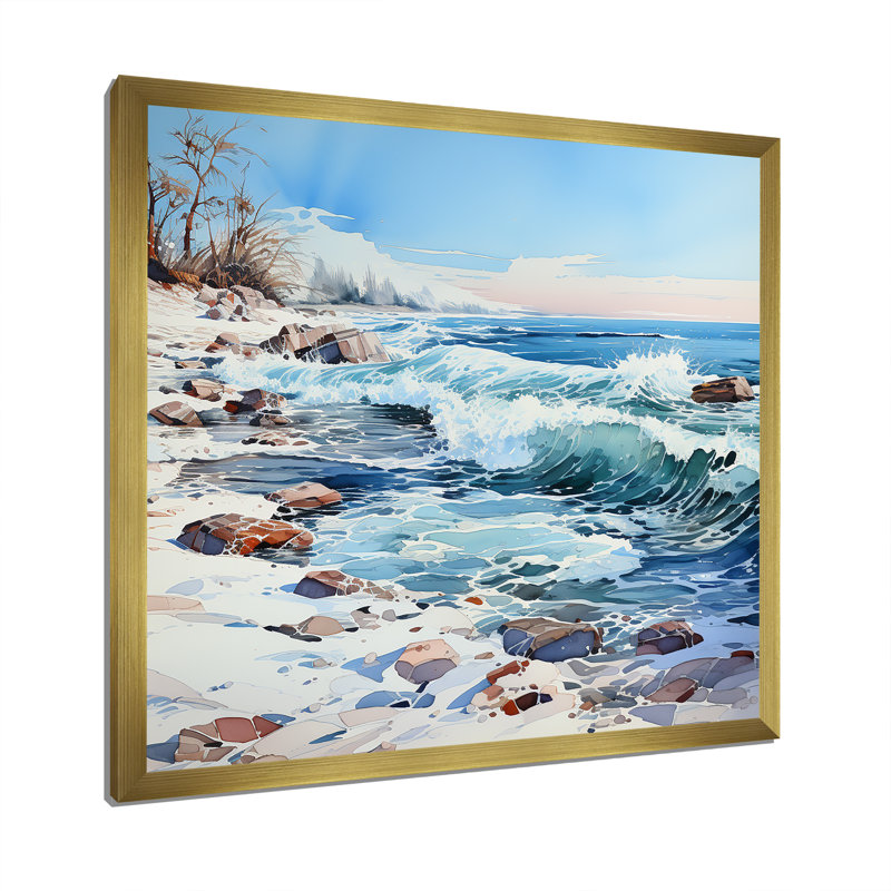 Océan, paysage d'hiver sur toile, Cadre doré simple, H 30 po x l 30 po x P 1 po