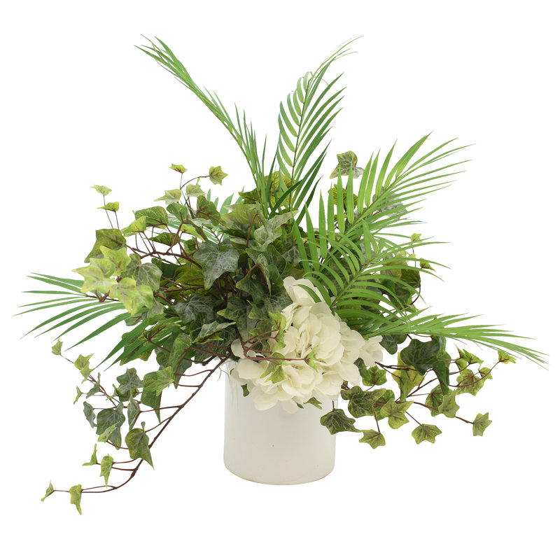 White Hydrangea, Ivy And Fern In Round White Fiberstone Pot