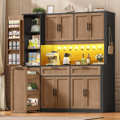 59"W x 71"H Kitchen Hutch Storage Cabinet Pantry Cabinet With Charging Station And Led Light