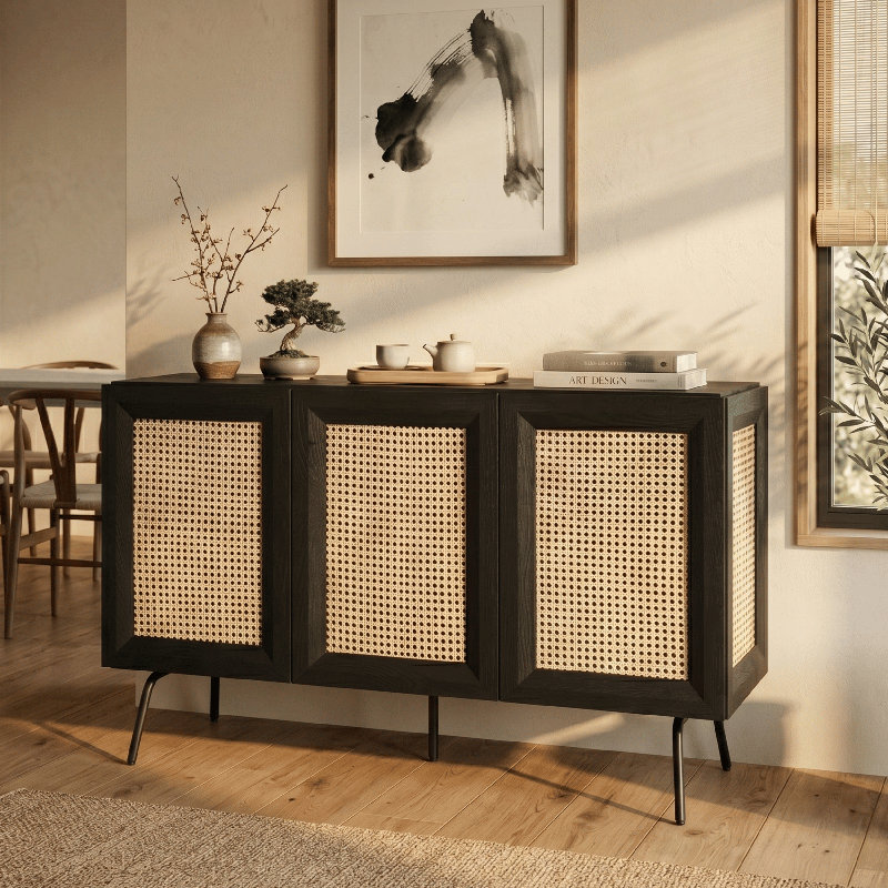 NTC MOSSIC Sideboard 3 Doors Natural Rattan Storage Cabinet, Buffet with Metal Legs, Boho Accent Cabinet for Living Room, Dining Room, and Entryway, Effortless Assembly
