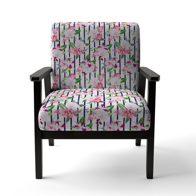 Fauteuil d'appoint rembourré à motif rose et blanc avec fleurs tropicales
