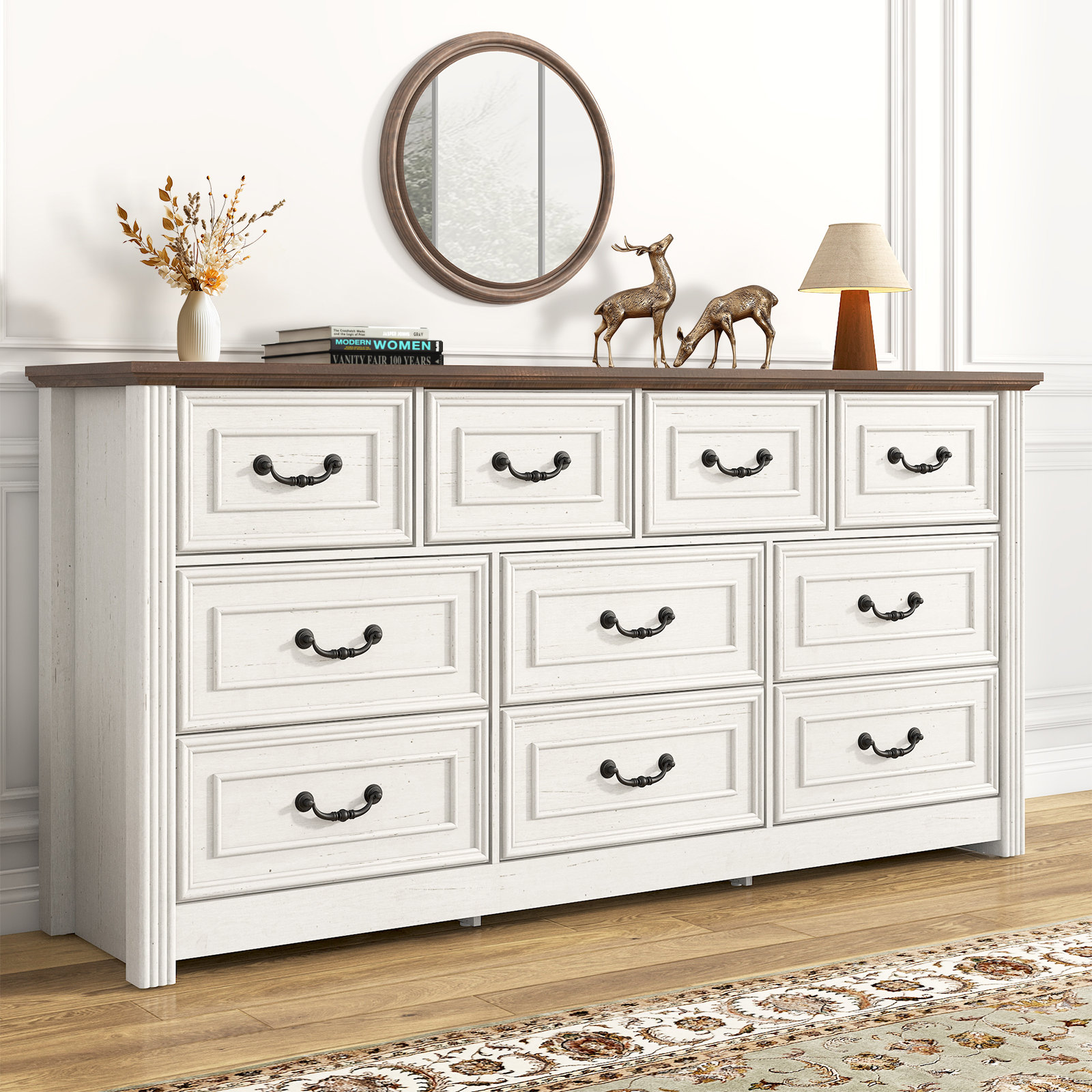 Dreonna Farmhouse 10 Drawers Dresser, 63''Rustic Chest Of Drawers For Living Room, Hallway, Bedroom - White/Brown