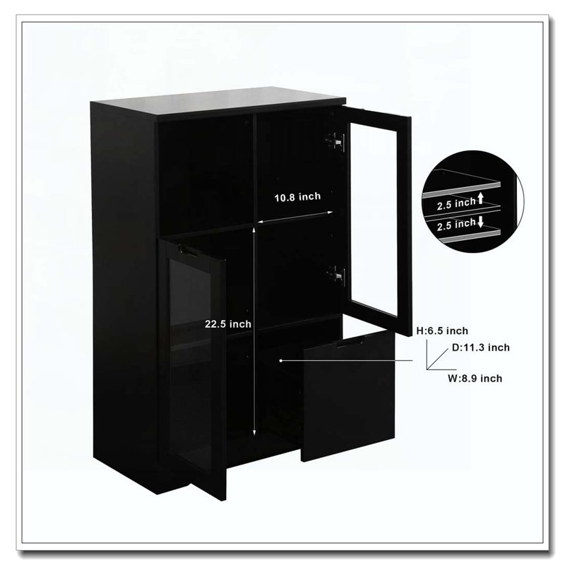 MDF Painted Cabinet Glass Doors Drawer Open Storage, Black