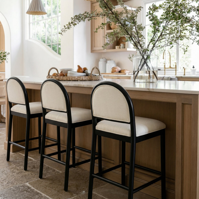 Paterson Curved-Back Armless Fabric Counter Stool With Solid Wood Frame, Beige