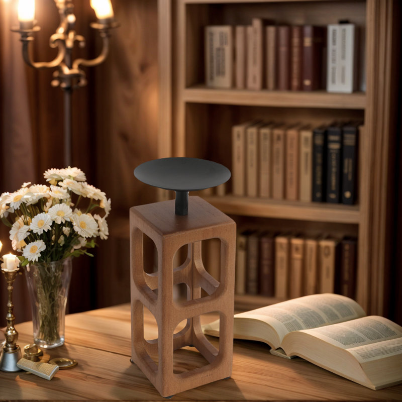 Hollow Square Hole Design Pillar Candle Holder, Brown, 9.25" H x 4.25" W x 4.25" D