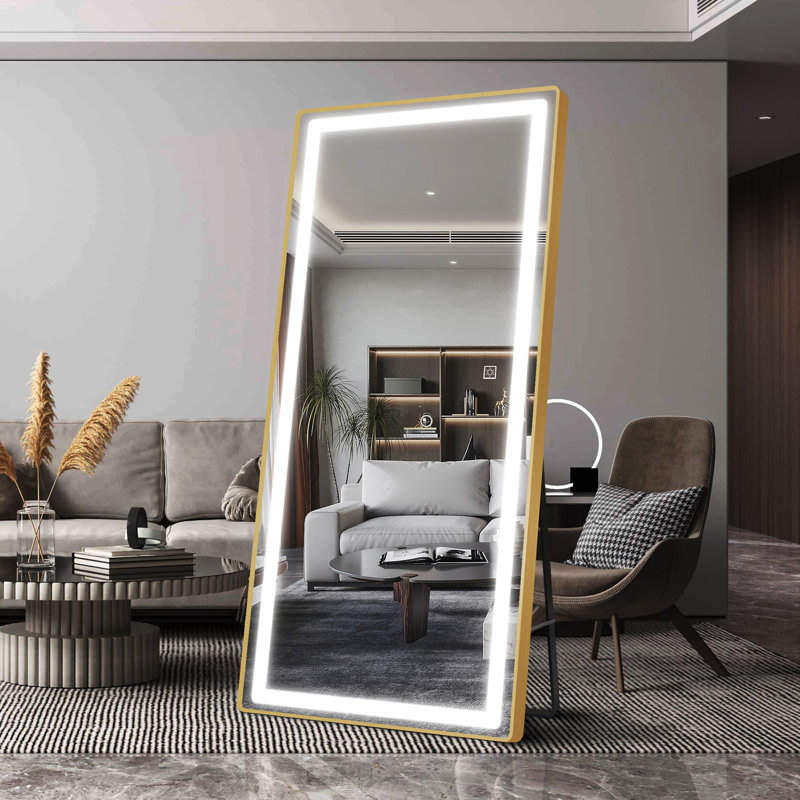 Miroir rectangulaire DEL pleine longueur avec large bande lumineuse et cadre en aluminium brossé, doré, Or brossé
