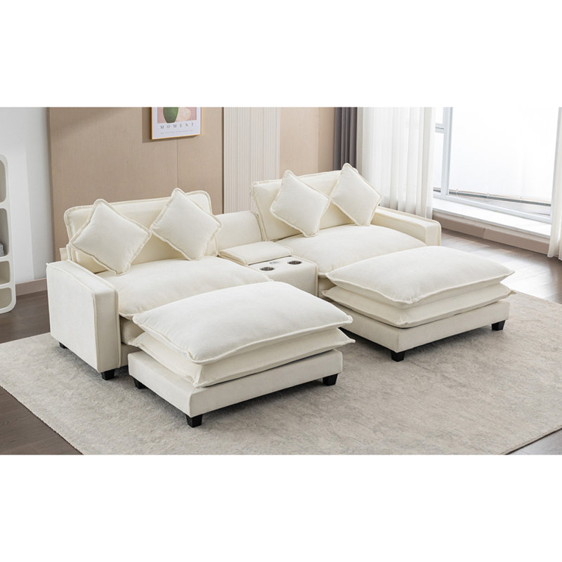  Canapé modulaire en chenille avec deux repose-pieds amovibles, deux ports USB, deux porte-gobelets et une grande boîte de rangement pour le salon 