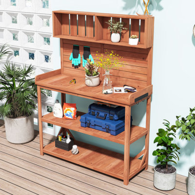 65" Rustic Wood Outdoor Potting Bench Table with 4 Shelves, Side Hooks and Anti-Falling Device