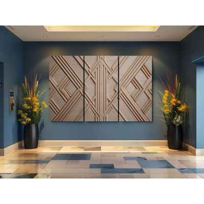Impression sur toile géométrique texturée en bois, art mural 3D sculpté faux, triptyque abstrait Art déco, décor de maison de campagne moderne, ensemble de panneaux architecturaux