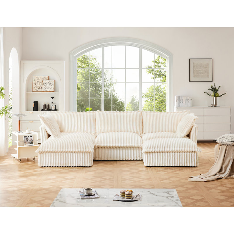 Slipcovered U Shape Sectional Deep Seat Sofa Couch, 3 Seater With French Edges, Multiple Big Pillows, Modular Comfort For Living Rooms And Apartments