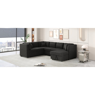 Comfy en forme de U avec rangement et lit, 2 ports, prises de courant, salon et canapé modulaires en chenille noire de 108,6 po