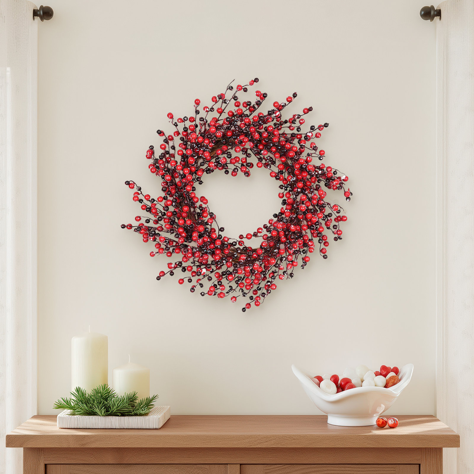 24" Faux Berry Winter Christmas Front Door Wreath, 24" H x 24" W x 5" D