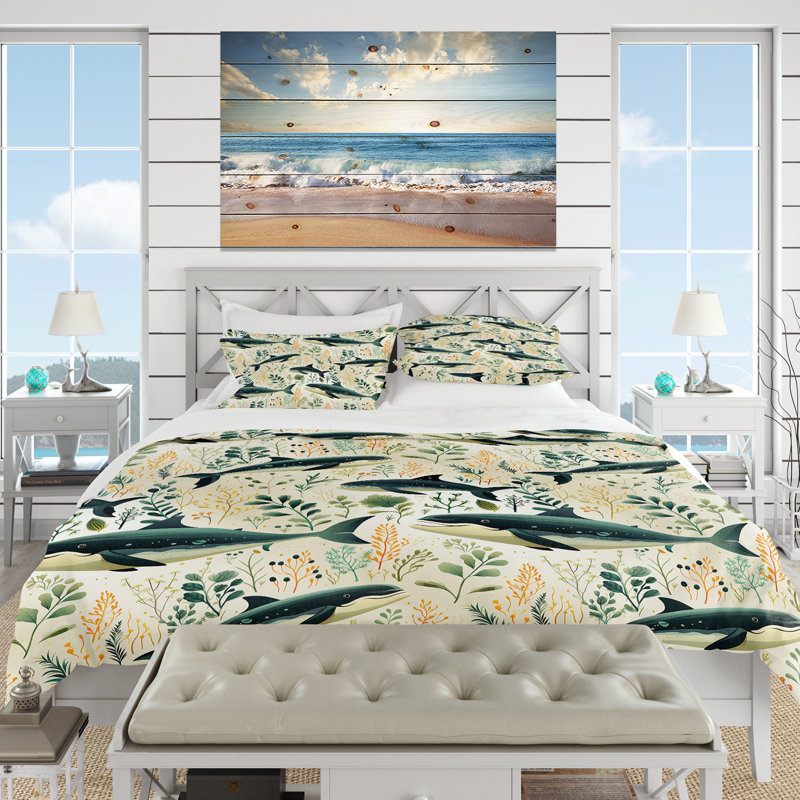 Oceanic Whale Coastal Pattern III - Ensemble de housse de couette Coastal, Housse de couette pour très grand lit et 2 très