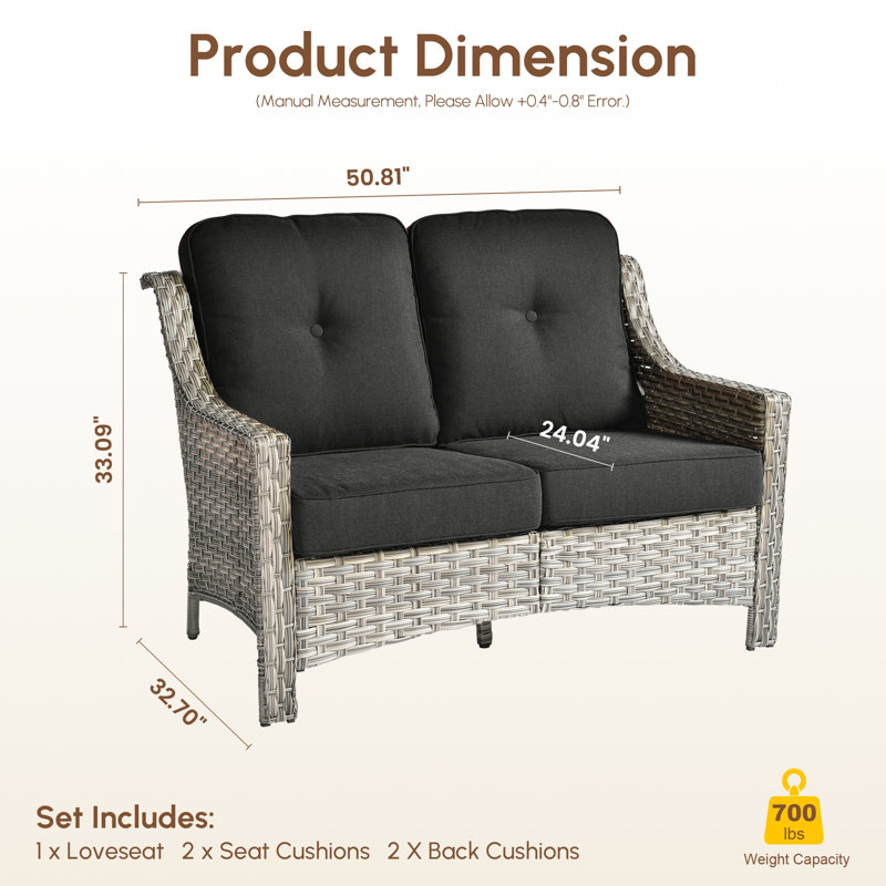 50.8" W 2-Seat Outdoor Patio Loveseat With 3.54" Thick Cushions, Pe Wicker Rattan Sofa With Steel Frame, High Back Tufted Cushion