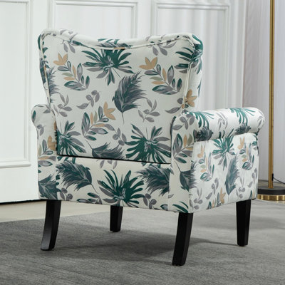 Mid-Century Modern Wingback Accent Chair, Upholstered Fabric Armchair with Sturdy Wood Legs, High-Back Padded Club Chair for Living Room Bedroom Offic