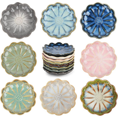 Ceramic Dipping Bowls Set Of 8, 3 Oz Sauce Cups, Chrysanthemum Round Small Side Dish For Sushi, Tomato, Soy Sauce, Condiment Finger Bowls
