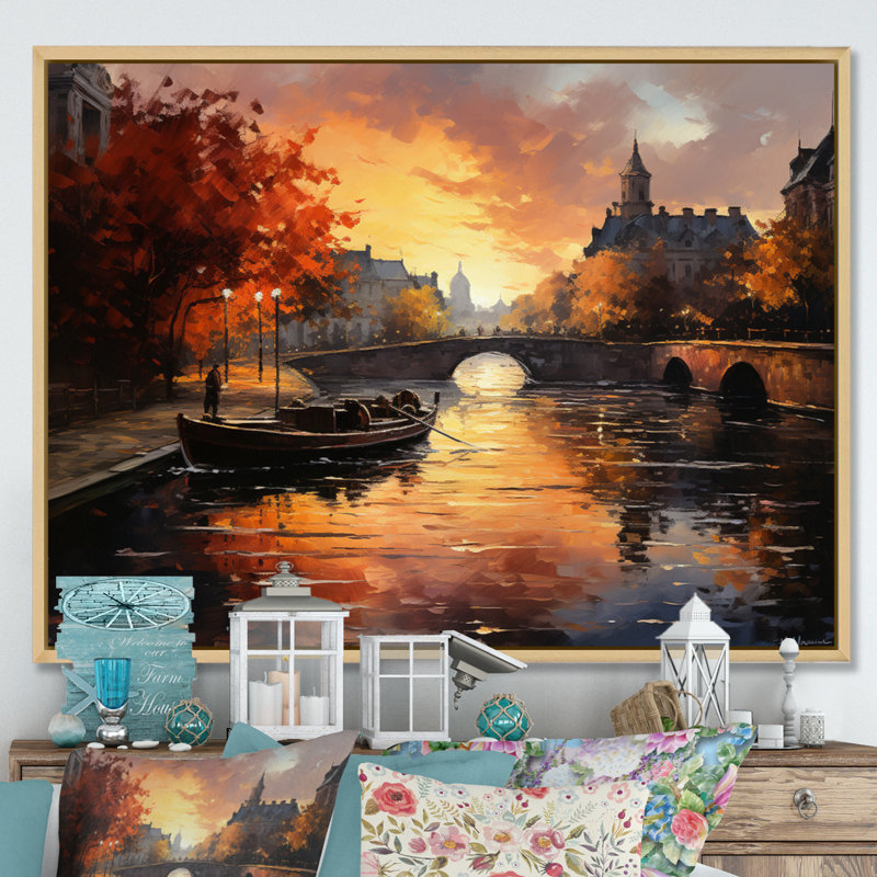 " Yellow Canal Golden Glow Warm ", Natural Floater Framed, 30" H x 40" W x 1.5" D