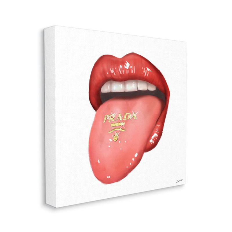 «Fashion Red Lips with Tongue Out» par Ziwei Li - impression, Toile tendue, H 17 po x l 17 po x P 1,5 po