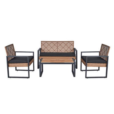 4-Piece Patio Furniture Set Outdoor Balcony Porch Garden Backyard Lawn Furniture Acacia Wood Table Top, Morden Black And Light Brown