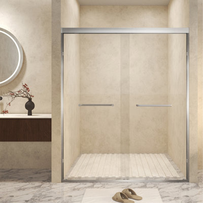 50-54 " X 72" Tempered Glass With Explosion Proof Film, Aluminum Frame Double Sliding Shower Door, "1/4 (6 Mm), Stainless Steel Handle,Brushed Nickel
