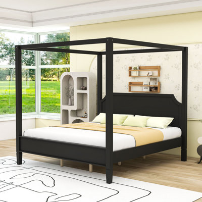 Lit plateforme à baldaquin en bois avec tête de lit et lattes