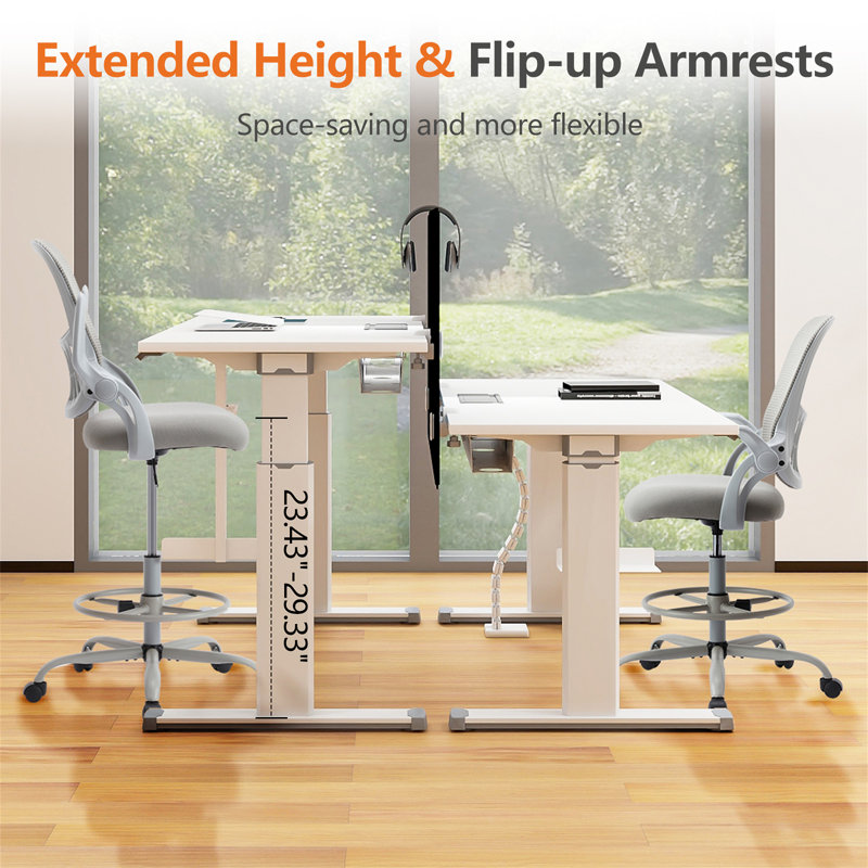 Sweetcrispy Drafting Tall Office Chair Ergonomic High Desk Chair with Flip-up Armrests, Gray, Gray