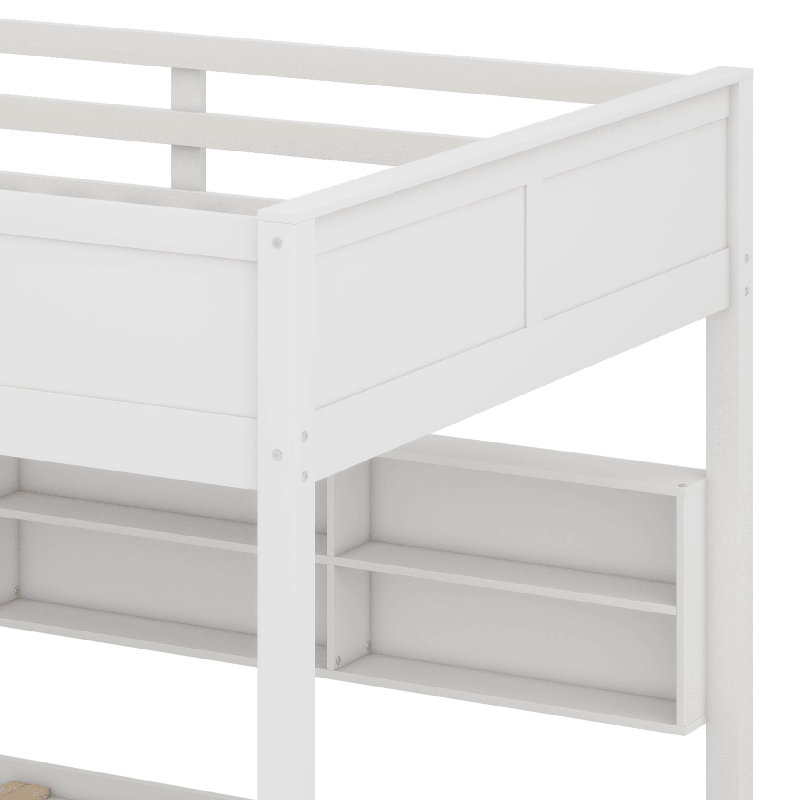 Queen Over Queen Bunk Bed With Storage Cabinets,USB Ports And Built-In Shelves, White