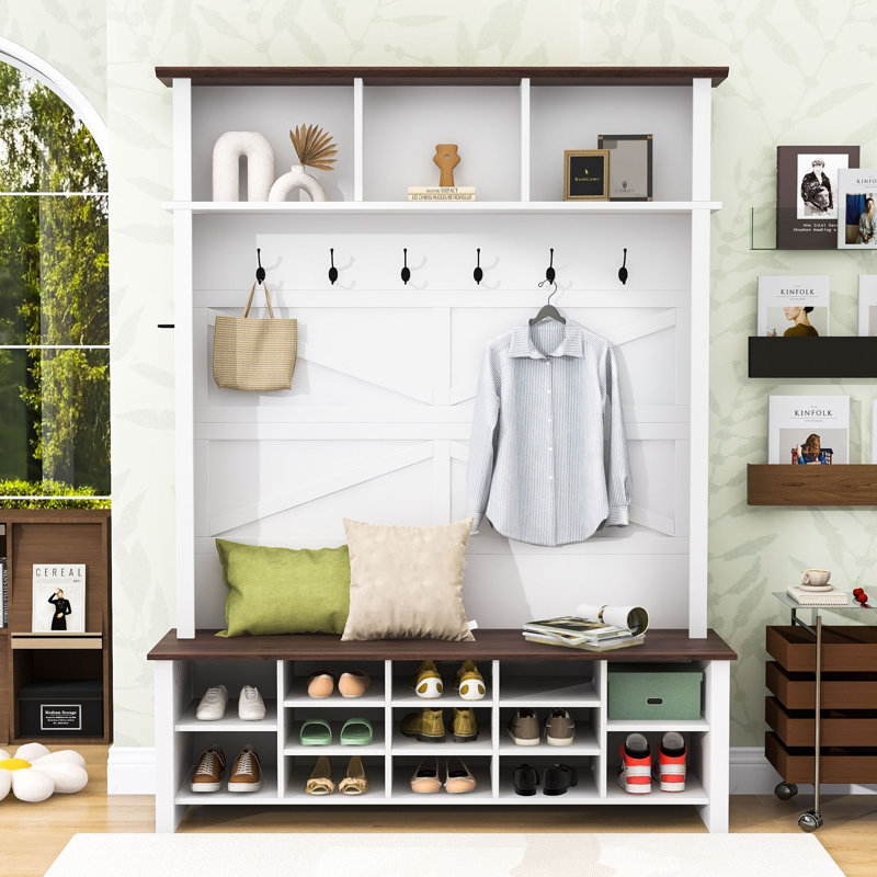 Rustic Farmhouse Hall Tree with Bench, Hooks & Storage, White