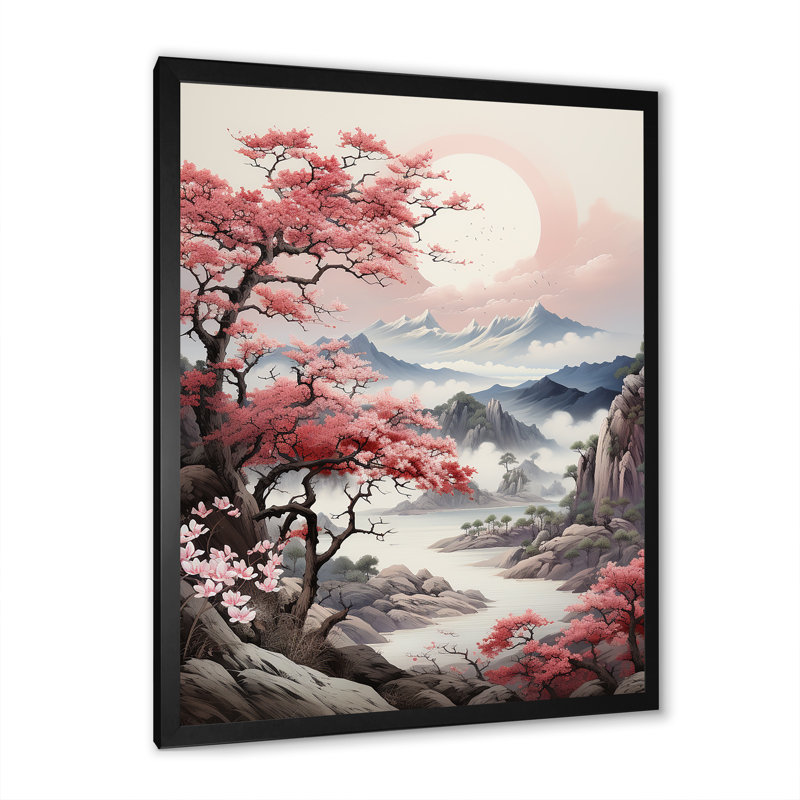 Rose, montagne du Japon, printemps, fleurs de cerisier III - Japon, art mural, Cadre photo noir simple