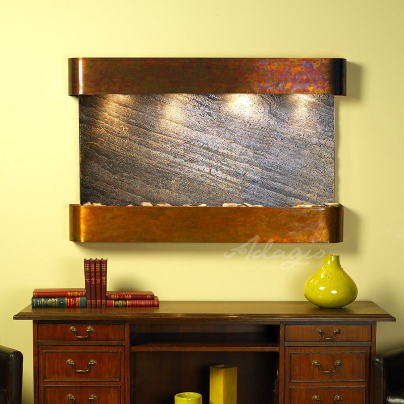 Indoor Acrylic Waterfall Fountain with Lights, Rustic Copper, Green Feather