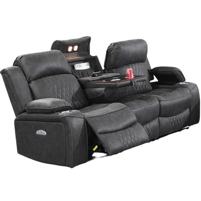 Fauteuil inclinable contemporain en gel électrique gris anthracite avec accoudoirs de rangement et porte-gobelet pour le salon