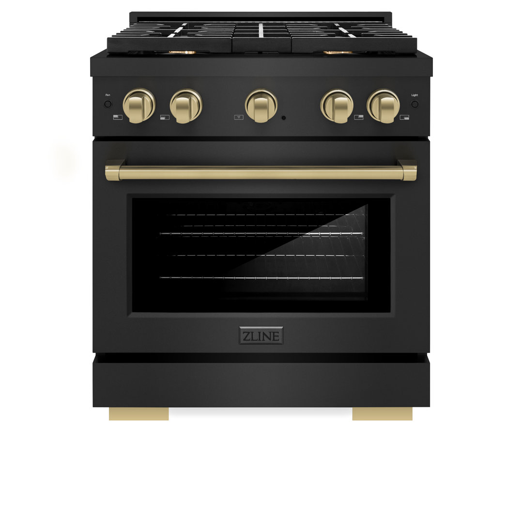 ZLINE Autograph Edition 30 in. 4.2 cu. ft. Paramount Dual Fuel Range W/ 4 Burner Gas Cooktop & Electric Convection Oven in Black Stainless Steel W/ Champagne Bronze Accents (SDRBZ-30-CB) ZLINE