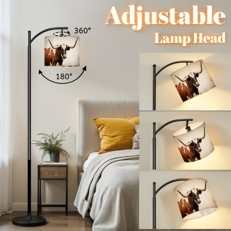 Lampe sur pied à arc avec abat-jour réglable brun rétro Longhorn Country Western